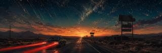 A car with red taillights drives along a desert road at sunset beneath a starry sky with meteors streaking overhead.