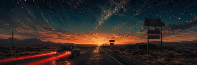 A car with red taillights drives along a desert road at sunset beneath a starry sky with meteors streaking overhead.