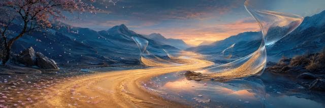 A golden winding path weaves through a surreal landscape with mountains, water, and swirling glass, symbolizing strength and spirit.