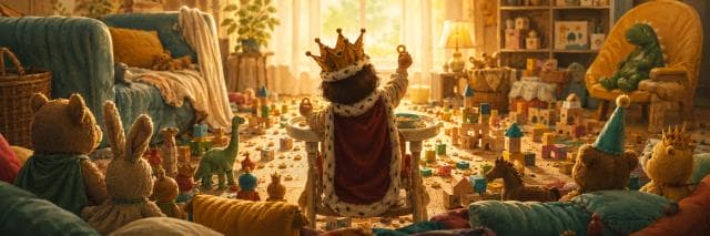 Child wearing a crown and cape arranges toys in a cozy living room, playfully acting as ruler.