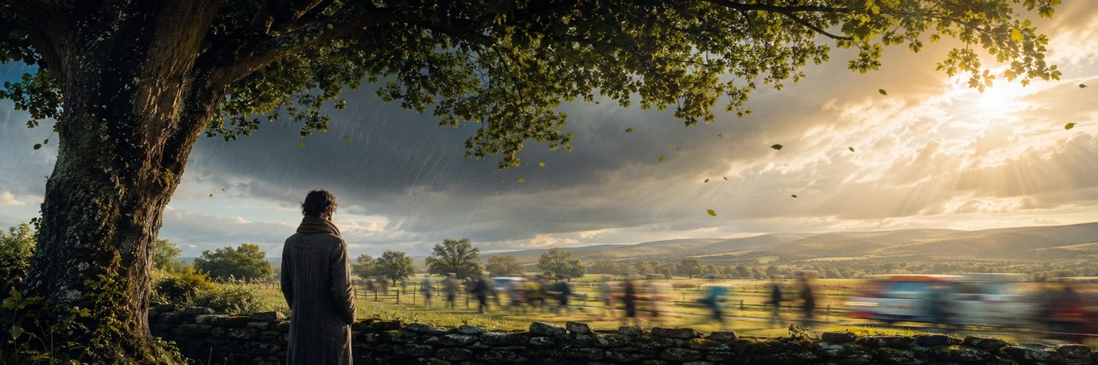 A person stands under a tree, watching others cross a field as leaves fall gently around them.