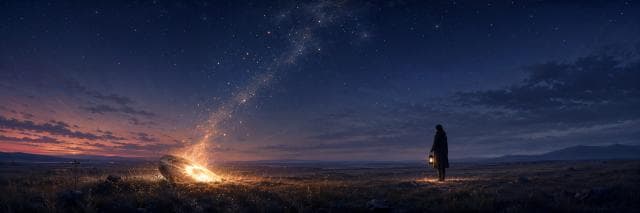 A person holding a lantern stands by a glowing meteor, with stars trailing upward and swirling patterns in the night sky.