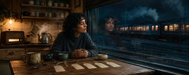 A woman sits at a wooden table by a window at night, holding a mug and gazing out as scenery passes by on the train.