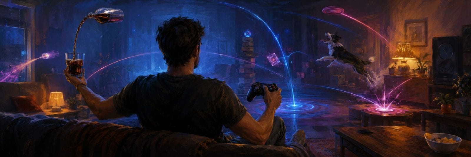 A man plays video games in a futuristic living room while his dog chases flying discs.