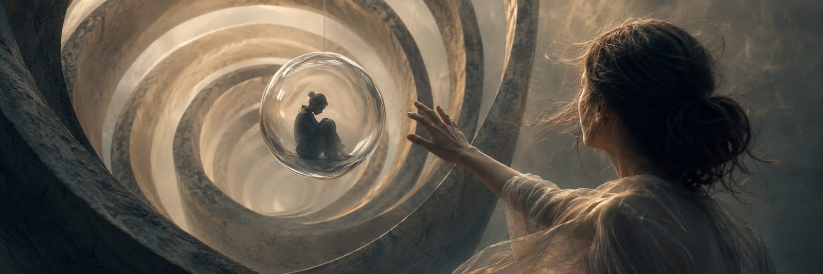 A woman reaches toward a floating bubble, surrounded by spiraling stone and elements of nature and reflection.