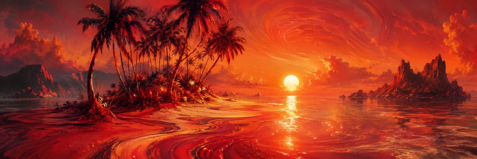 Vivid orange sunset over a tropical beach with palm trees, swirling sand, distant islands, and tranquil water reflecting the scene.