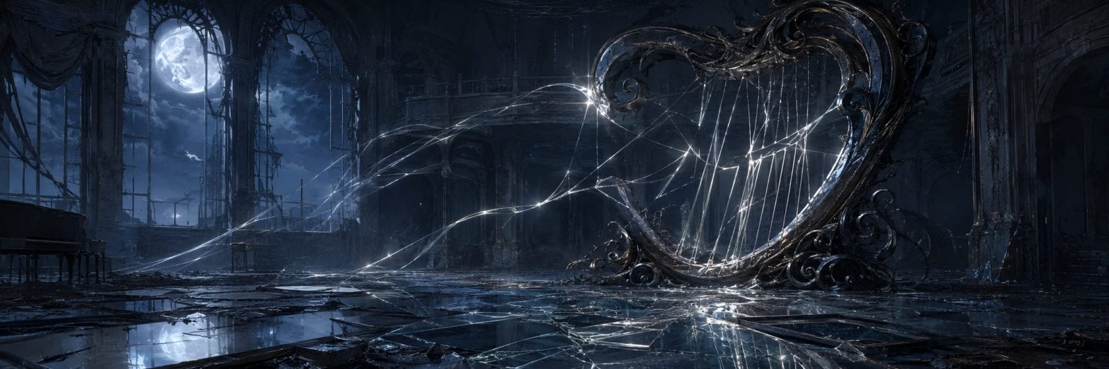 A large broken harp stands amid shattered glass and scattered debris in a moonlit hall.