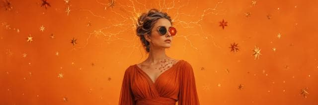 A woman in an orange dress stands with lightning and fantastical stars crackling around her head against a surreal orange backdrop.