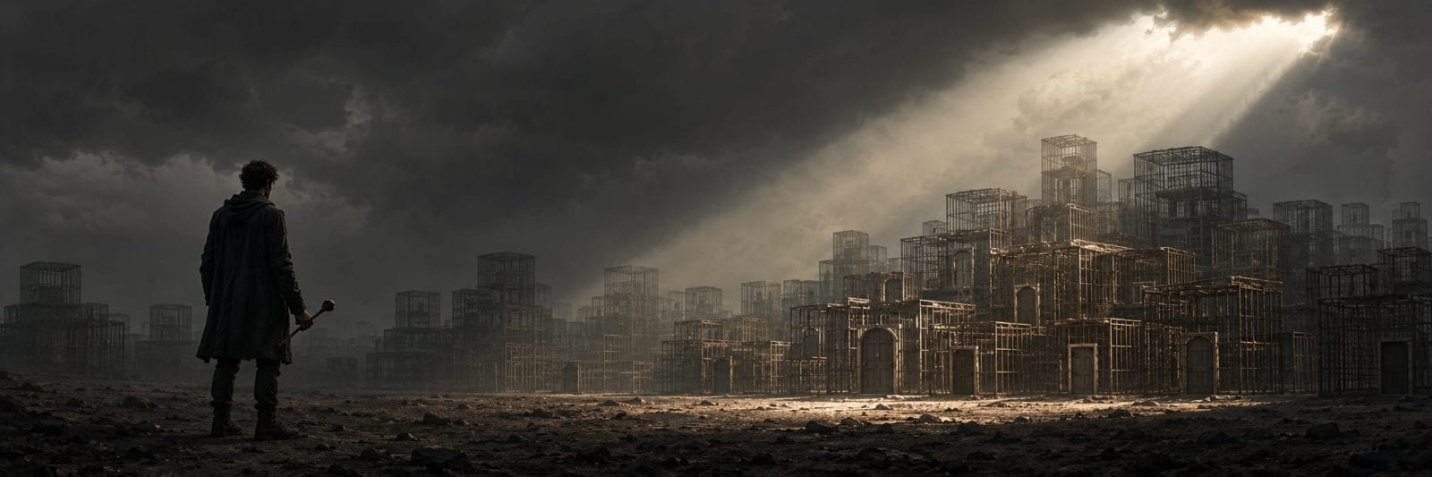 A person stands on barren ground, facing metal cages as sunlight breaks through an atmosphere of darkness and chaos.