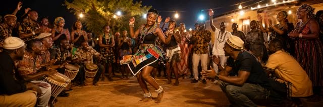 A woman in Zulu attire dances energetically as people clap and play drums under string lights at night.