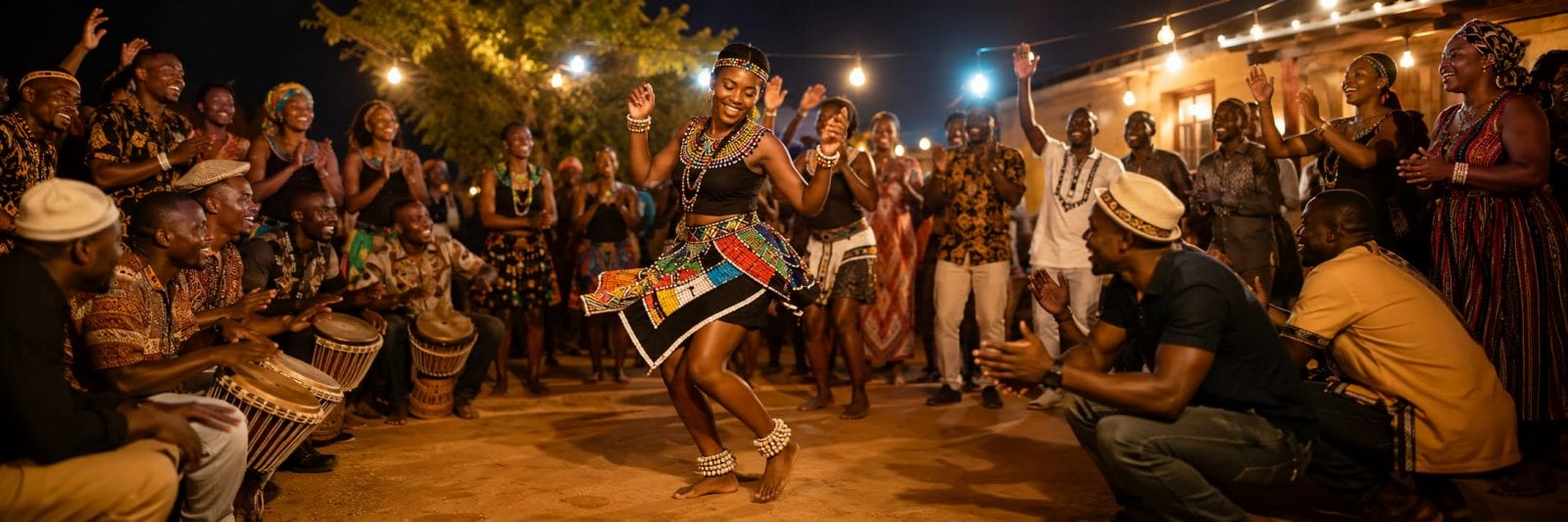A woman in Zulu attire dances energetically as people clap and play drums under string lights at night.