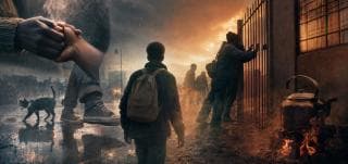 A child with a backpack faces adults by a gate, with a stray cat and kettle nearby in the smoky sunset, reflecting Zulu strength and spirit.