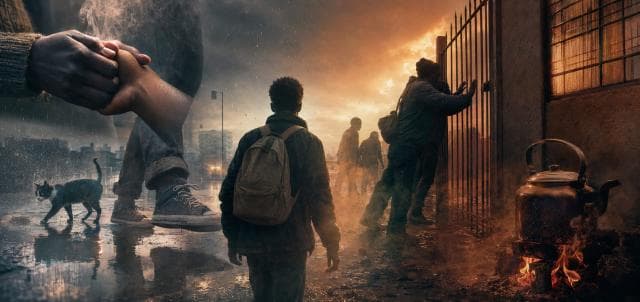 A child with a backpack faces adults by a gate, with a stray cat and kettle nearby in the smoky sunset, reflecting Zulu strength and spirit.