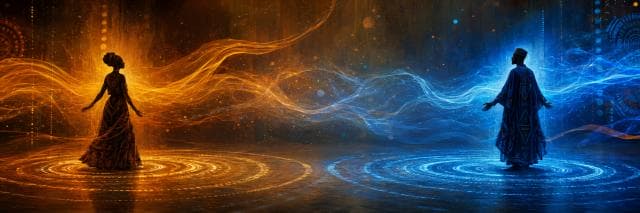 Two people face each other as vibrant orange and blue energy swirls around them in a mystical, symmetrical scene.