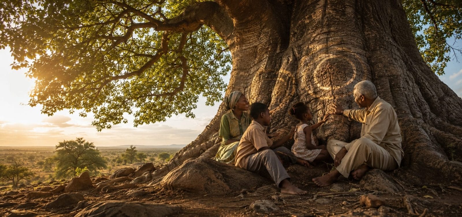 Four people sit beneath a large tree as one adult points out markings on its trunk, enjoying a quiet moment together.
