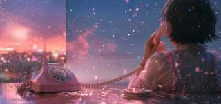 A person in a shiny top holds a pink rotary phone amid confetti by a city window at sunset.