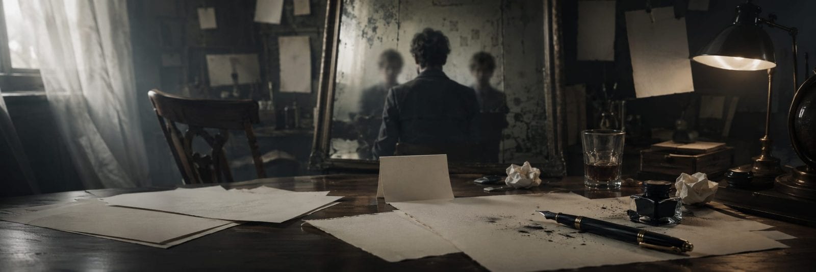 A cluttered desk with papers scattered, a mirror reflecting nature, and a seated figure in a contemplative pose.