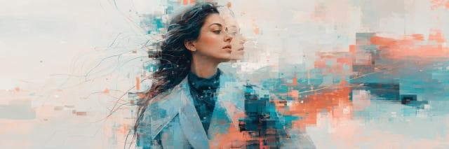 A woman in a blue coat stands among surreal brush strokes in a digital abstract world of blue, white, and orange.