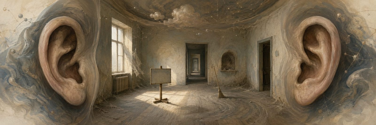 Surreal hallway with large ears, cracked walls, and an easel in a cloudy, dreamlike setting suggesting chaos.