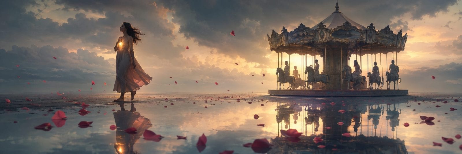 A woman with a lantern stands by a carousel with scattered rose petals at sunset, representing Strength and Spirit.