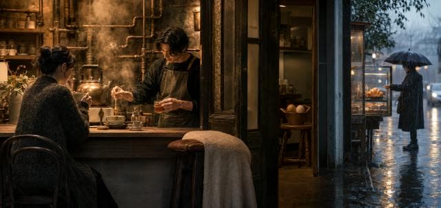Two people share tea in a café on a rainy day while someone with an umbrella walks outside.