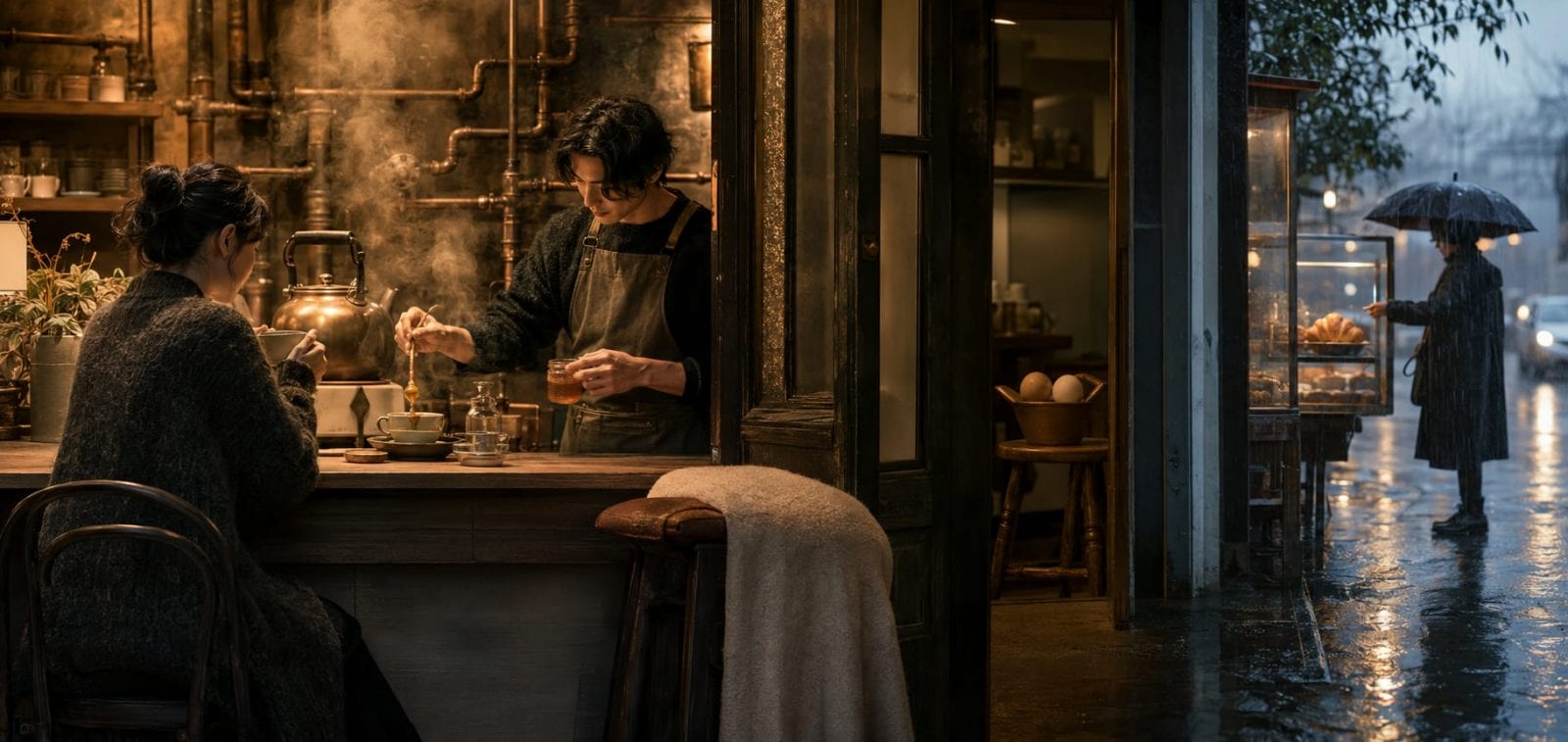 Two people share tea in a café on a rainy day while someone with an umbrella walks outside.