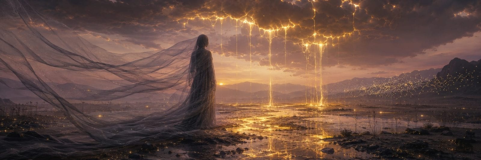 A veiled figure faces a stormy sunset where molten golden light drips from clouds onto a reflective landscape.