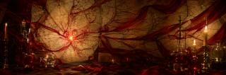 Red fabric, candles, glass bottles, and a glowing red web fill a room, creating a sense of chaos.