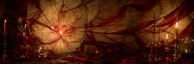 Red fabric, candles, glass bottles, and a glowing red web fill a room, creating a sense of chaos.