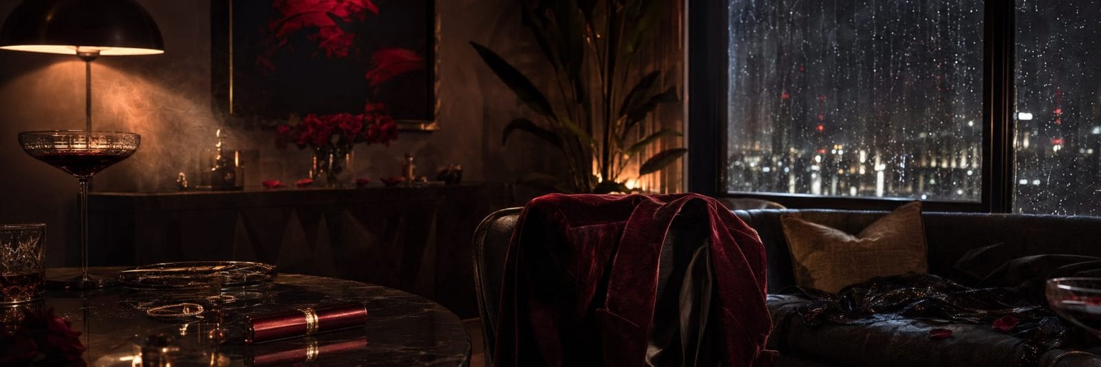 A marble table with red lipstick and wine glasses in a room, surreal rain falling outside the window at night.