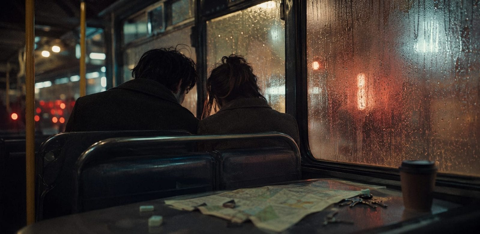 Two people sit close together on a rainy night bus with a map, keys, and coffee cup on the seat in front of them.