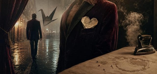 Headless mannequin in a velvet jacket with a paper heart, iron, and pins stands as rain steams on the street outside.