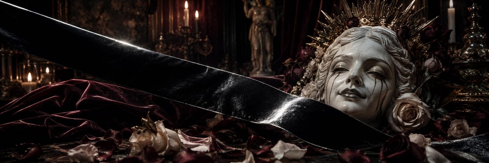 A crowned statue head rests among rose petals and a blade, with candles flickering nearby.