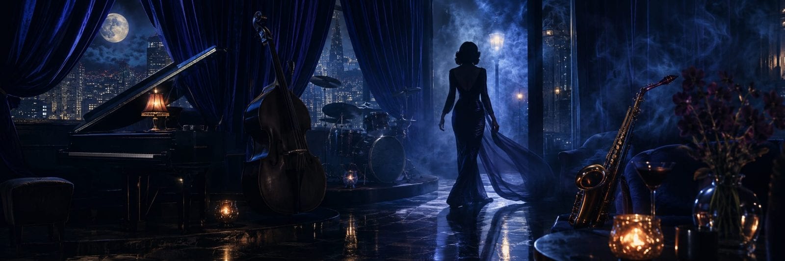 A woman in a gown stands in a smoky jazz club with city lights visible through surreal windows.