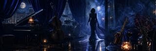 A woman in a gown stands in a smoky jazz club with city lights visible through surreal windows.