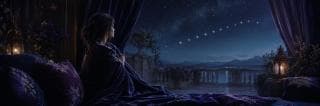 A woman wrapped in a blanket sits on a balcony at night, gazing at stars above distant mountains.
