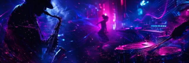 A saxophonist, drummer, and dancer deliver a surreal and fantastical stage performance.
