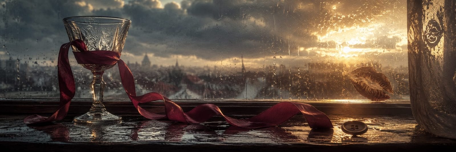 A wine glass with a red ribbon, button, and lipstick mark sits on a rainy window ledge at sunset.