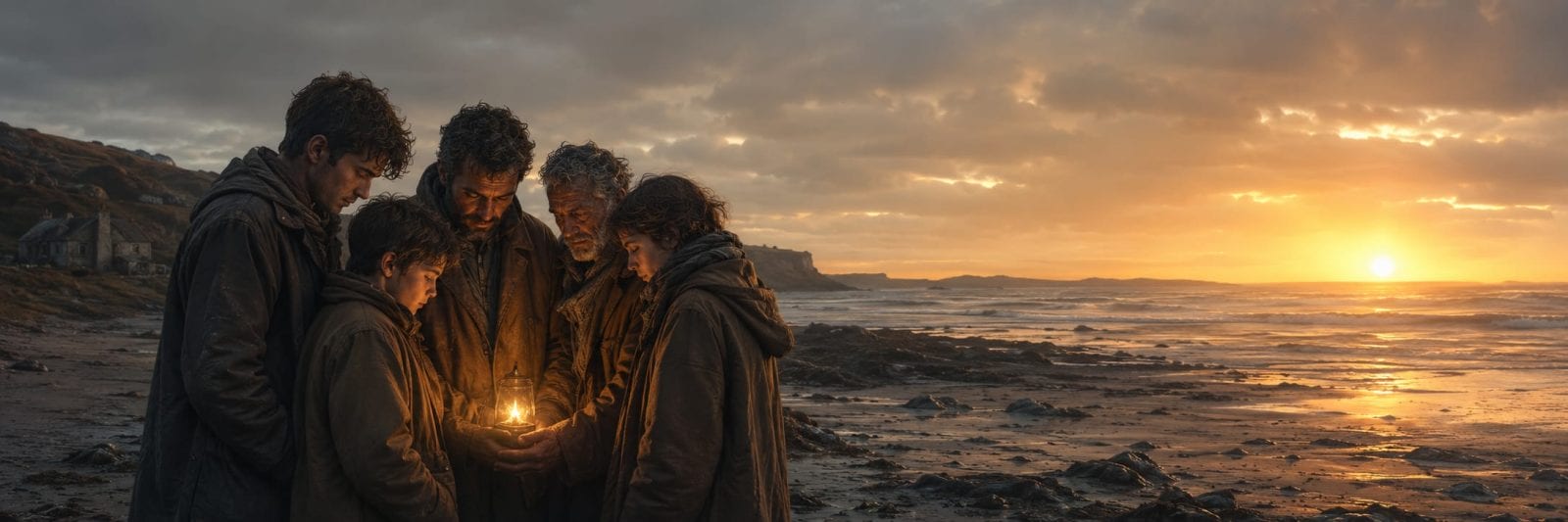 Five cloaked people stand on a rocky beach at sunset, gathered in reflection around a glowing light held in their hands.