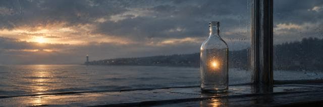 A glass bottle on a wet windowsill at sunset, with the sea and lighthouse in the background.