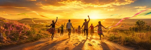 A group runs down a dirt road at sunset, waving ribbons, with wildflowers blooming along both sides.
