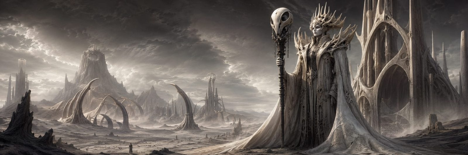 A regal figure in ornate armor wields a staff among surreal, twisted spires, symbolizing chaos.