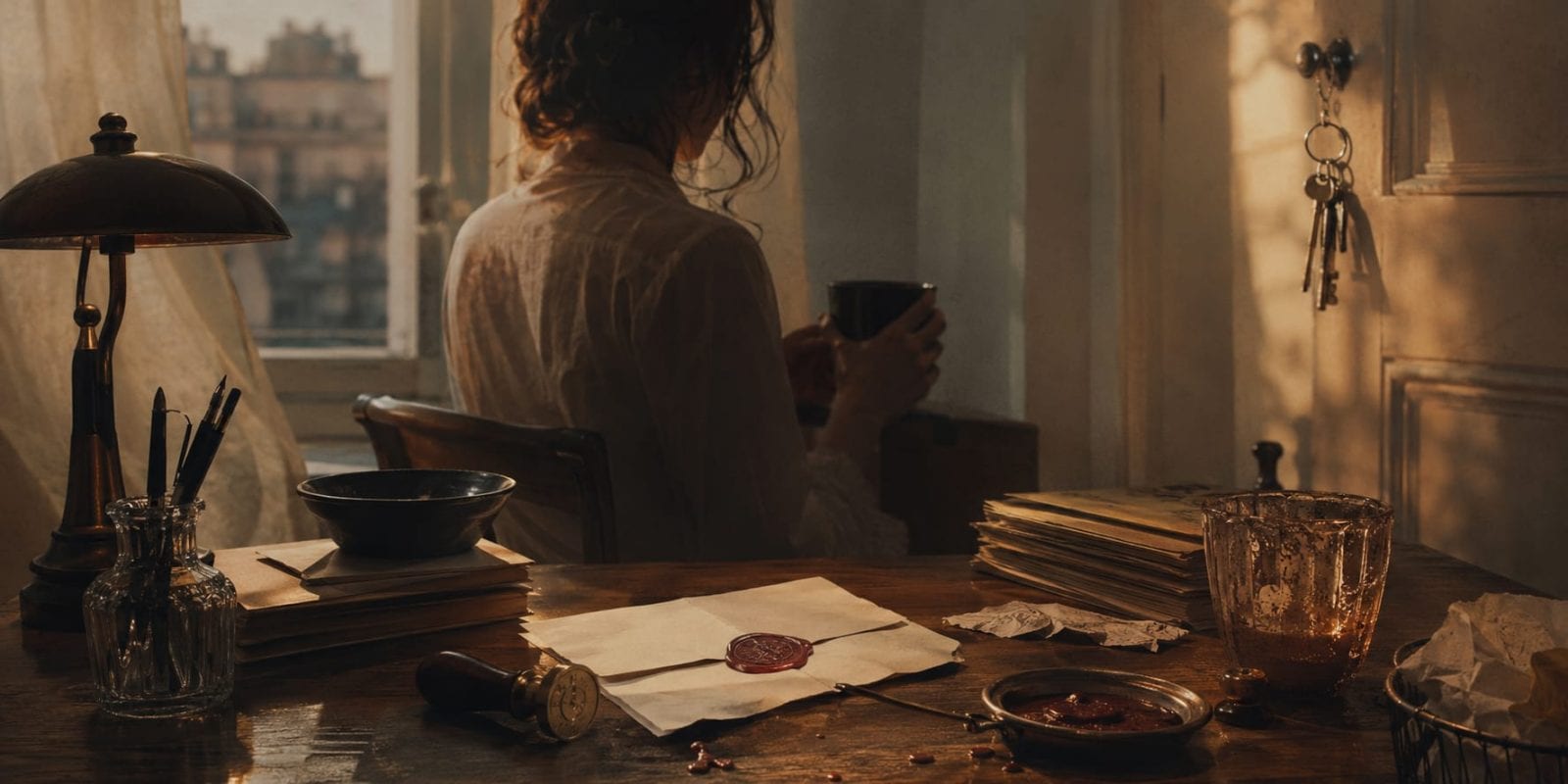 A person sits by a window holding a mug; papers and a wax-sealed letter rest on the desk, symbolizing strength and quiet reflection.