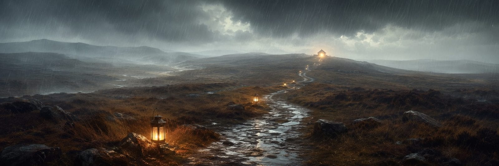 A rocky lantern-lit path winds under a cloudy sky toward a distant house nestled in rainy hills.