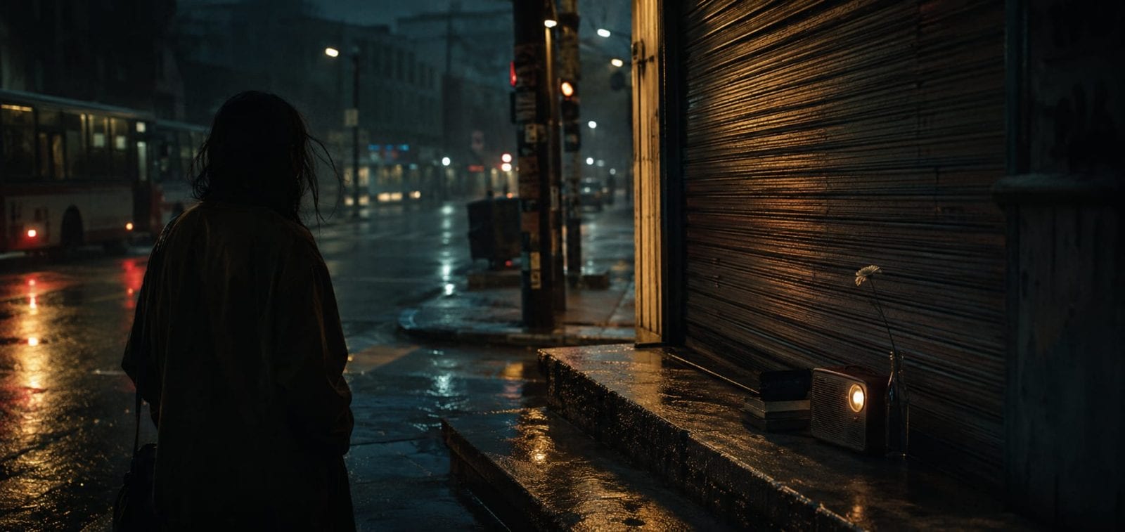 A person stands on a rainy city street at night near a closed shop, with a radio and flower by their side.
