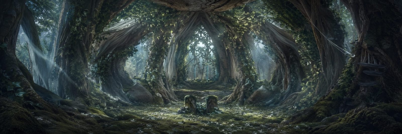 Large trees create an open, circular clearing in a forest where dense vines cluster and shadows linger among the foliage.