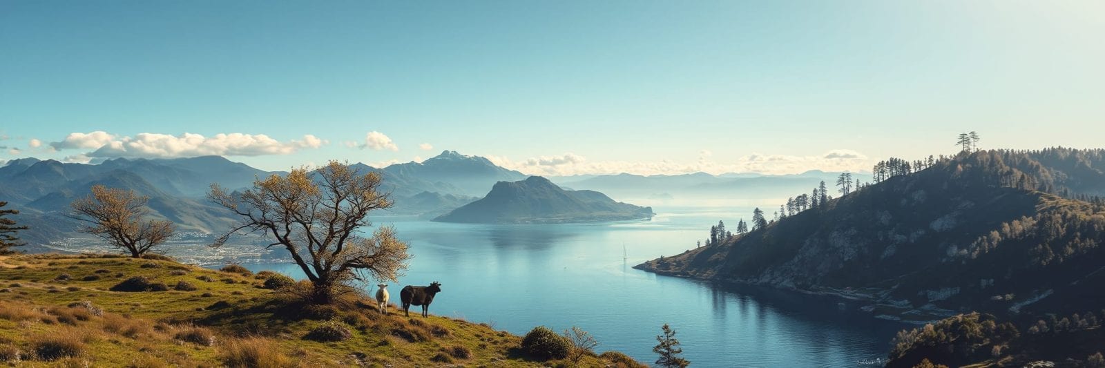 Cows stand on a grassy hill overlooking a calm lake with distant mountains and a clear sky.