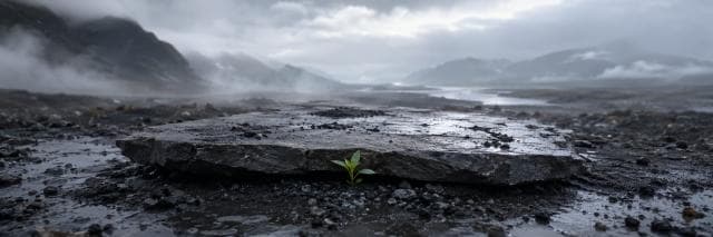 A small green plant grows under a flat rock in a misty, rocky landscape with cloudy skies.