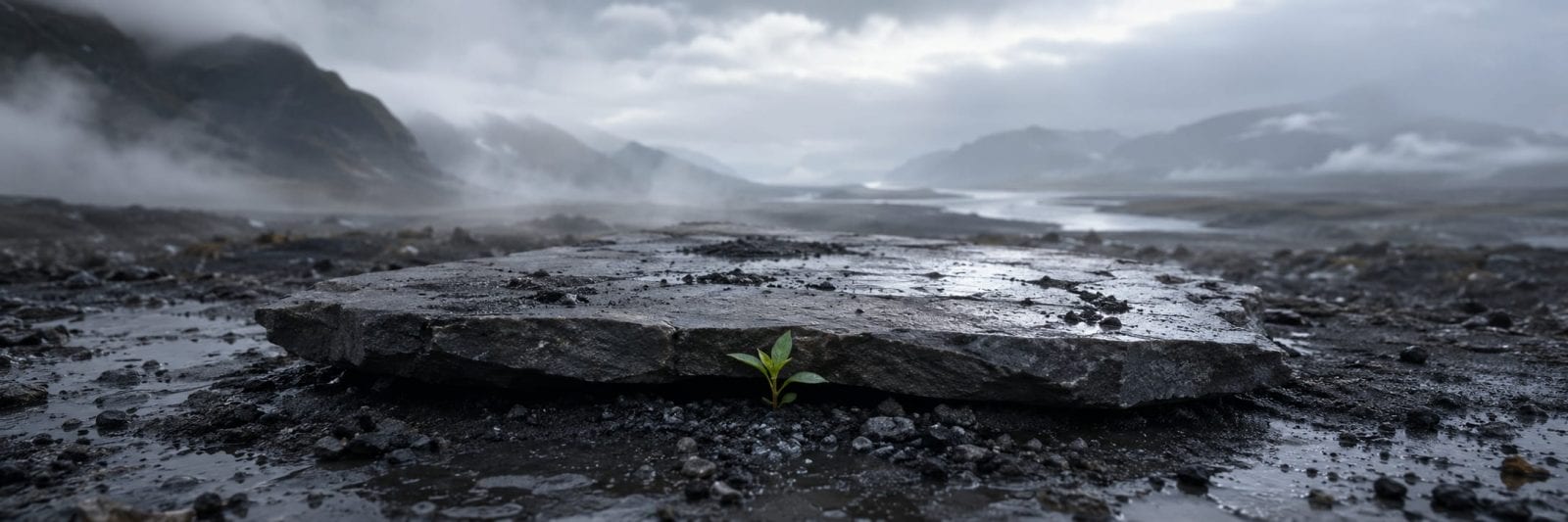 A small green plant grows under a flat rock in a misty, rocky landscape with cloudy skies.