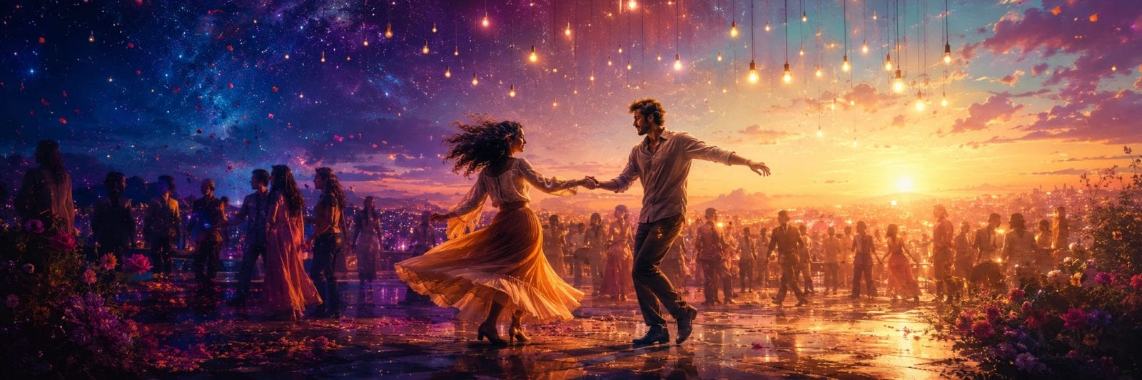 A couple dances under string lights at sunset, surrounded by people on a reflective floor mirroring the colorful sky.